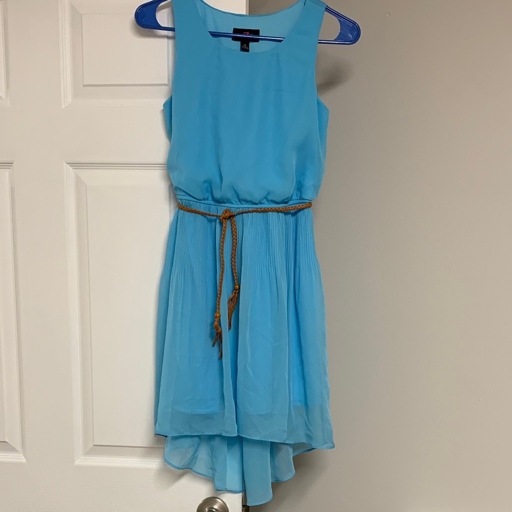 Iz Byer Light Blue High/Low Dress with Brown Braided Belt